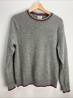 J. Crew Merino Wool Blend Tipped Sweater Gray Red Trim Mens Medium Fisherman